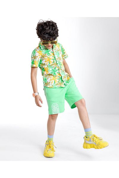 Ollington St. Ollington St. 100% Cotton Knit Half Sleeves Shirt & Shorts Set Palm Tree Print - Multi Color