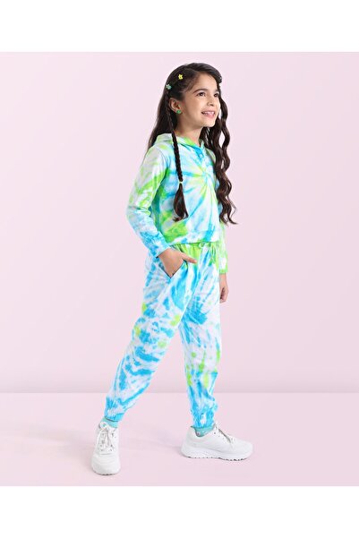Ollington St. Ollington St. 100% Cotton Knit Full Sleeve Tie Dye Hooded Top & Lounge Pants/Co/ord Set-Green & Blue