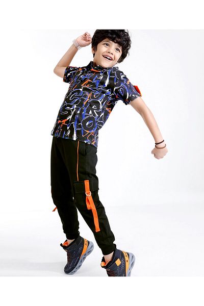 Ollington St. Ollington St. 100% Cotton All Over Printed Half Sleeve Knitted Shirt & Joggers Set Text Print-Black