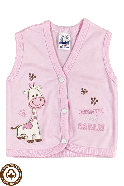 Miniel Baby Girl Giraffe Embroidered Organic Cotton 3-6-9 Months 2-Piece Combed Cotton Baby Vest - Pink