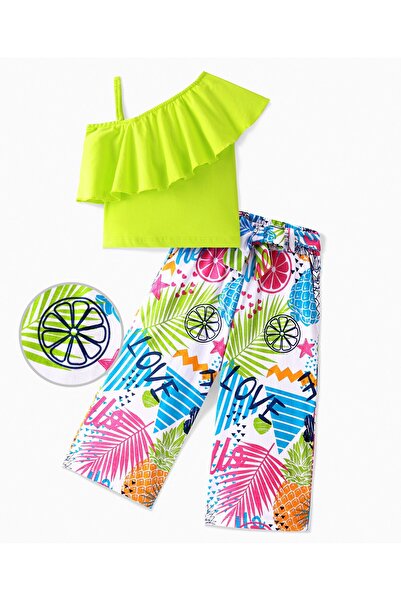 Ollington St. 100% Cotton One Shoulder Flared Top & Leaf Printed Culottes - Green & White