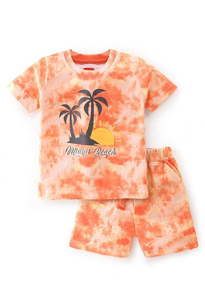 Babyhug Babyhug 100% Cotton Knit Single Jersey Half Sleeves T-Shirt & Shorts Tie & Dye Beach Print - Orange