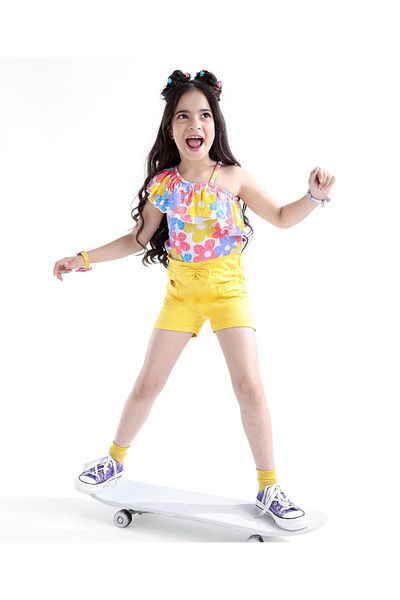 Ollington St. Ollington St. Cotton Knit One Shoulder Sleeves Top and Shorts Set Floral Print - Yellow White & Pink