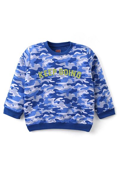 Babyhug Babyhug Terry Knit Full Sleeves T- Shirt & Lounge Set with Camouflage & Text Print - Blue