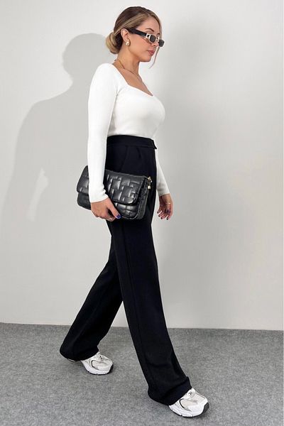 Entrendburada Line Women's Lycra Velcro Closure Black Palazzo Trousers