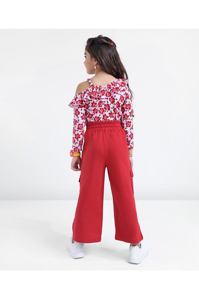 Ollington St. Ollington St. Off Shoulder Top & Pants With Cargo Pockets & Floral Print - Pink & Red