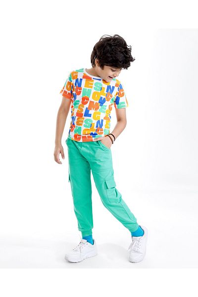 Ollington St. Ollington St. 100% Cotton Half Sleeve T-Shirt Knit Joggers Alphabet All Over Printed-White & Green