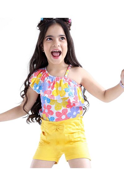 Ollington St. Ollington St. Cotton Knit One Shoulder Sleeves Top and Shorts Set Floral Print - Yellow White & Pink