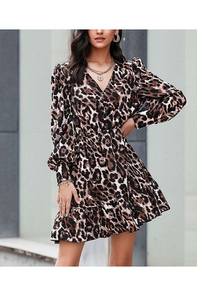 Moka Shopin Mokashopin Women's Long Sleeve Elastic Waist Hem Flounced Leopard Print Crepe Dress