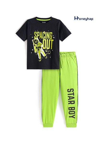 Honeyhap Honeyhap 100% Premium Single Jersey Cotton Knit Half Sleeve Night Suit -Black & Neon Green