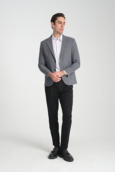Frappoli Loreo Erkek Gri Poliviskon Kumaş Yarım Astarlı Mono Yaka Slim Fit Spor Blazer Ceket