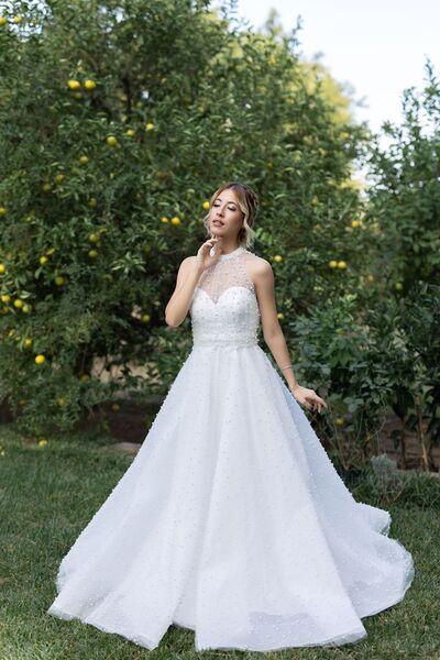 berissima bride Artemis İncili Simli Dantel Reglan Boyun Helen Gelinlik & Nikah Elbisesi