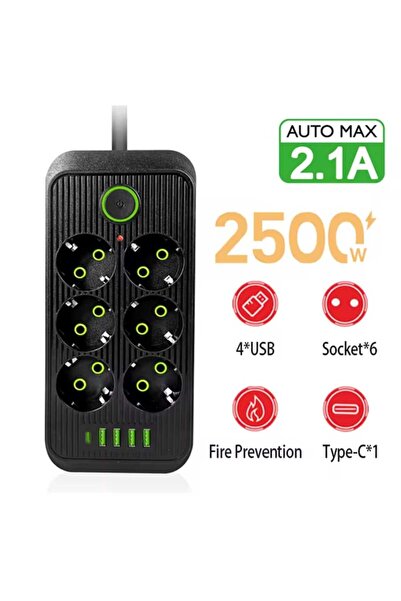JUNGLEE 6 LI PRİZ 6 Soket 220V 4Usb 5V2.1A 1 Pd 2.1A Şarj Termal Akım Korumal...