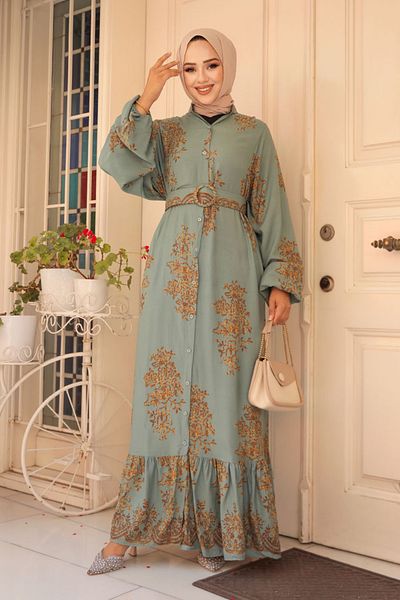 Neva Style Green Patterned Hijab Dress - 19481CY