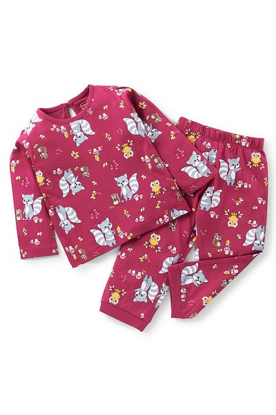 Babyhug Babyhug Cotton Knit Full Sleeves Night Suit Animals Print - Red