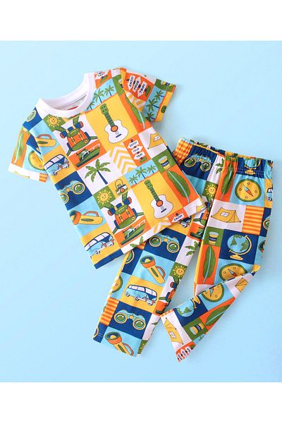 Babyhug طقم بدلة نوم من Babyhug Single Jersey Knit بأكمام نصفية مطبوعة بنقشة استوائية - متعدد الألوان
