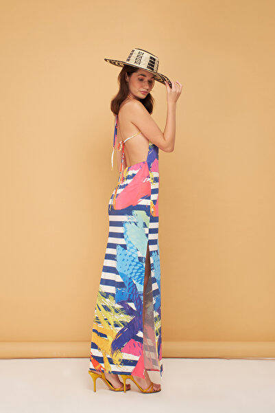 Eda Taşpınar Boyundan Bağlamalı Sırt Dekolteli Sdesenli Elbise Teks-00067