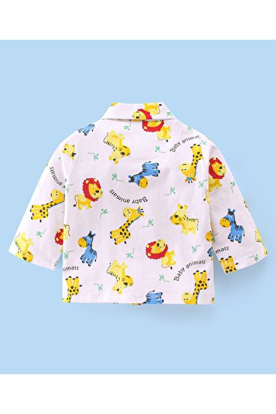 Babyhug Babyhug Cotton Knit Single Jersey Full Sleeves Lion Giraffe & Zebra Print Night Suit- White