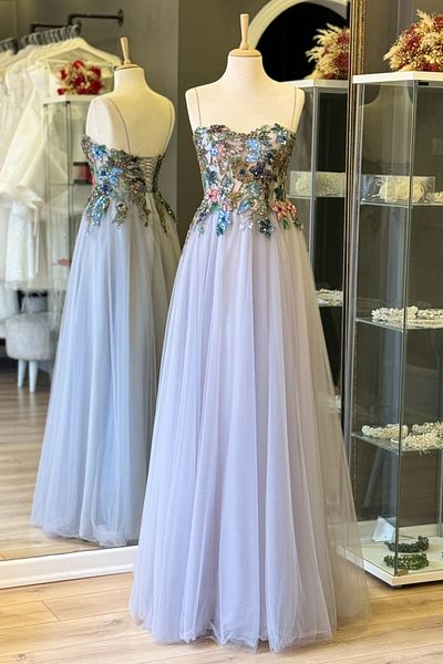 Lenta Moda Grey Color Embroidered Lace Covering See-Through Evening Dress and Evening Gown