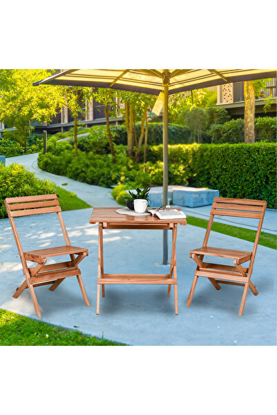 Bysay AHŞAP KATLANIR PUF MİNDERLİ 3 lü BİSTRO SET BAHÇE TAKIMI (NATUREL)