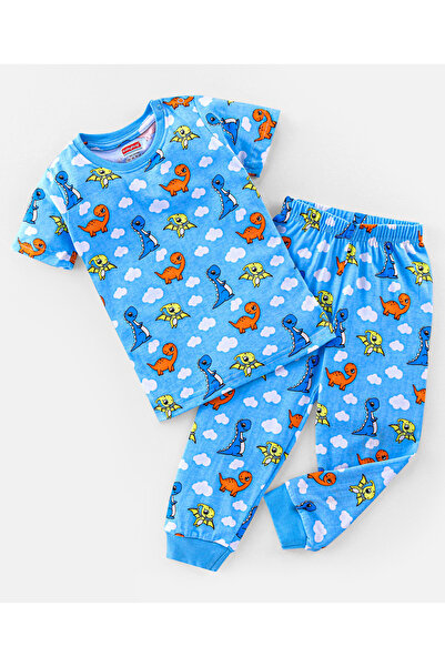 Babyhug بدلة نوم نصف كم من القطن المحبوك مع طبعة ديناصور من Babyhug - أزرق