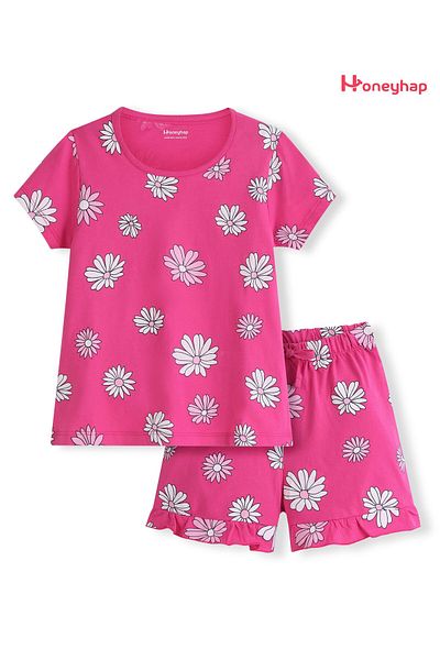 Honeyhap Honeyhap Premium 100% Cotton Single Jersey Half Sleeve Night Suit Floral Print-Carmine Rose Pink