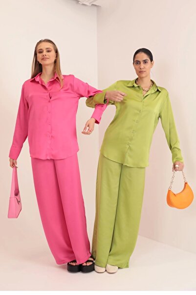 Genel Markalar Kobe Saten Kumaş Beli Lastikli Kadın Pantolon-yeşil