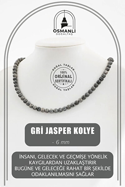 OSMANLI DOĞAL TAŞ قلادة من الحجر الطبيعي بتصميم جاسبر رمادي مقاس 6 مم