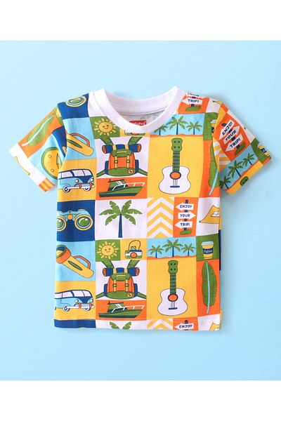 Babyhug طقم بدلة نوم من Babyhug Single Jersey Knit بأكمام نصفية مطبوعة بنقشة استوائية - متعدد الألوان