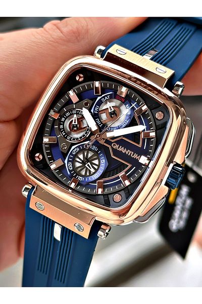 Quantum Men's Watch with Dark Blue Color Silicone Band - Cornered Dial 1014