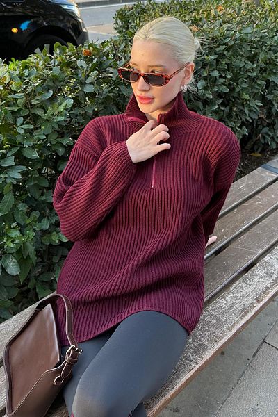 Madmext Pulover de bază cu guler cu fermoar burgundy MG1960