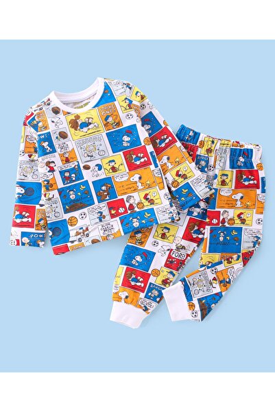 Babyhug Babyhug Cotton Knit Full Sleeves Night Suit With Snoopy Print - Blue & White