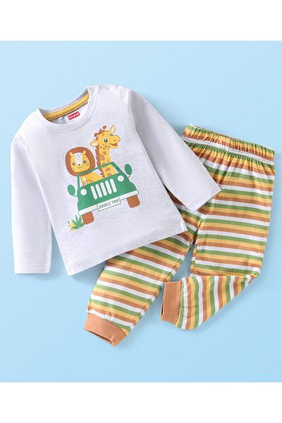 Babyhug بدلة نوم من القطن المحبوك بأكمام طويلة ومطبوعة برسومات حيوانات برية ومخططة من Babyhug - متعدد الألوان
