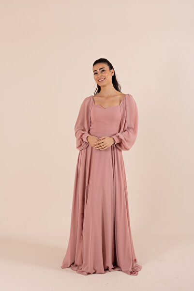 berissima bride Aries Şifon Kalp Yaka Pudra Abiye Elbise