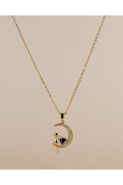 Portakal Esintisi قلادة على شكل قطة من حجر الزركون وقلادة على شكل قمر من الفو...