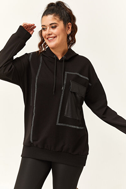 Ebsumu Γυναικεία δερμάτινη τσέπη μεγάλου μεγέθους Λεπτομερής πέτρα κεντημένη μαύρη φούτερ