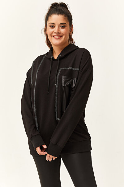 Ebsumu Γυναικεία δερμάτινη τσέπη μεγάλου μεγέθους Λεπτομερής πέτρα κεντημένη μαύρη φούτερ