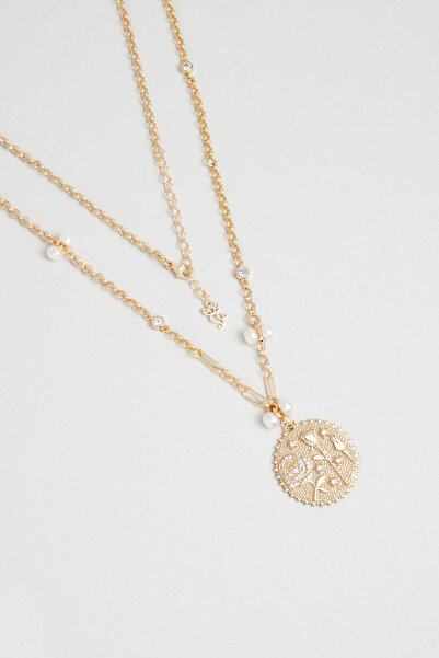 So CHIC... Aşk ve Gül 18 Ayar Sarı Altın Kaplama 55 Cm Gümüş Madalyon Kolye