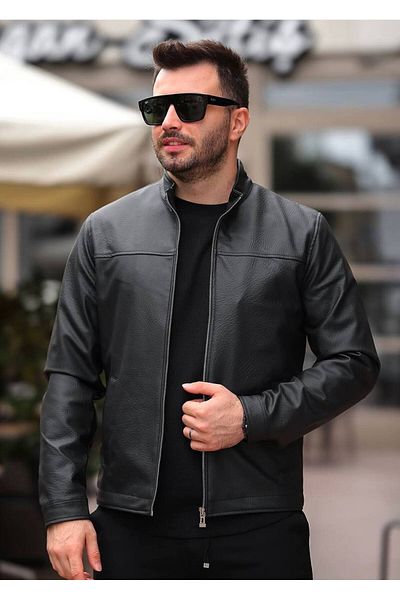 BASEL.CO ΑΝΔΡΙΚΟ BASIC PREMIUM Δερμάτινο μπουφάν με υφή από άνθρακα