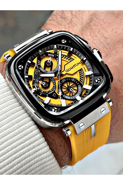 Quantum Function Yellow Color 10 Atm Waterproof Silicone Cord Steel Case Men's Wristwatch 1014