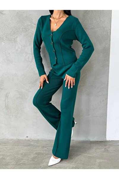 Lusin Stílusos csíkos női kötöttáru szett - mellény, kardigán és Palazzo nadrág - Nefti zöld