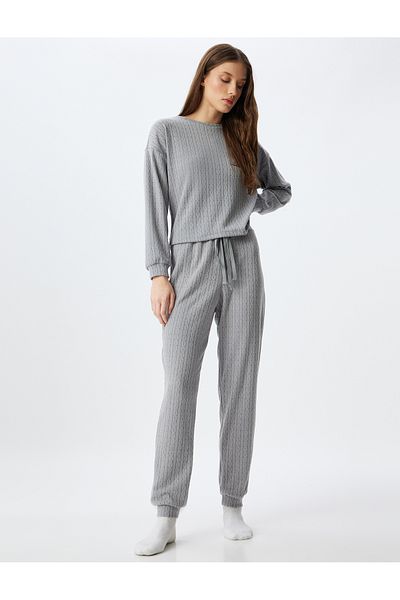 Koton Top de pijama tricotat texturat - mânecă lungă, decolteu