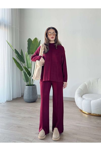 Lusin Women's Half Turtleneck Sweater Pants Bottom Top Knitwear Set - Burgundy