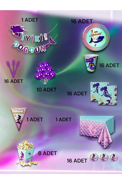 VibeHome Ultra-Luxury Set with Mermaid Theme for 16 - Birthday Party and Fun Events