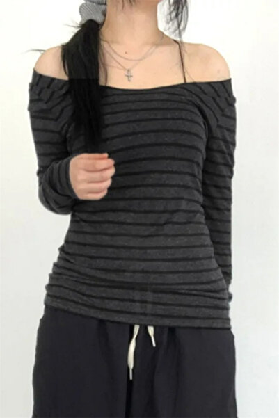 Karakedi Gray Madonna Collar Black Stripe Long Sleeve Crop