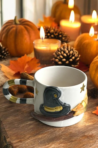Spica Ceramica Witch Broom, Witch Hat, New Year's Model Handmade Espresso, Turkish Coffee Cup Set, Gift