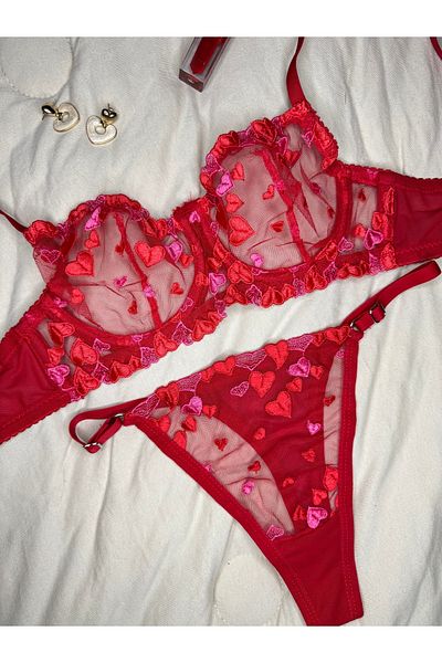 ROZENİN LINGERIE Red Heart Lace Cupless Bralet Bra Set (Big and Small Size)