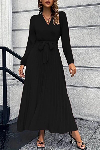 Deafox Black Long Sleeve Double Breasted Neckline Waist Belted Pleated Imported Crepe Dress