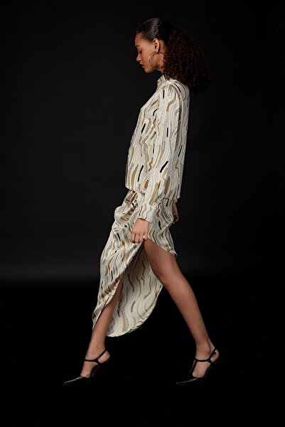 rue Draped Patterned Slit Beige Skirt