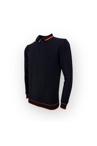 T&M Vertino Zippered Stripe Patterned Polo Neck Knitwear Sweater – Black